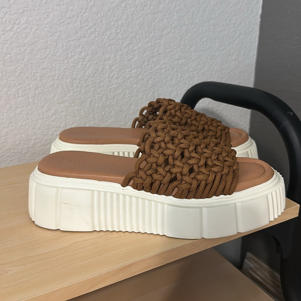 Anthropologie Brown Woven Platform Slide Sandals with Cream Soles - Picture 3 of 6